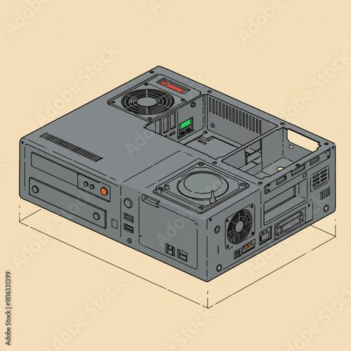Isometric illustration of an empty vintage computer case chassis with internal components and fan mounts.
