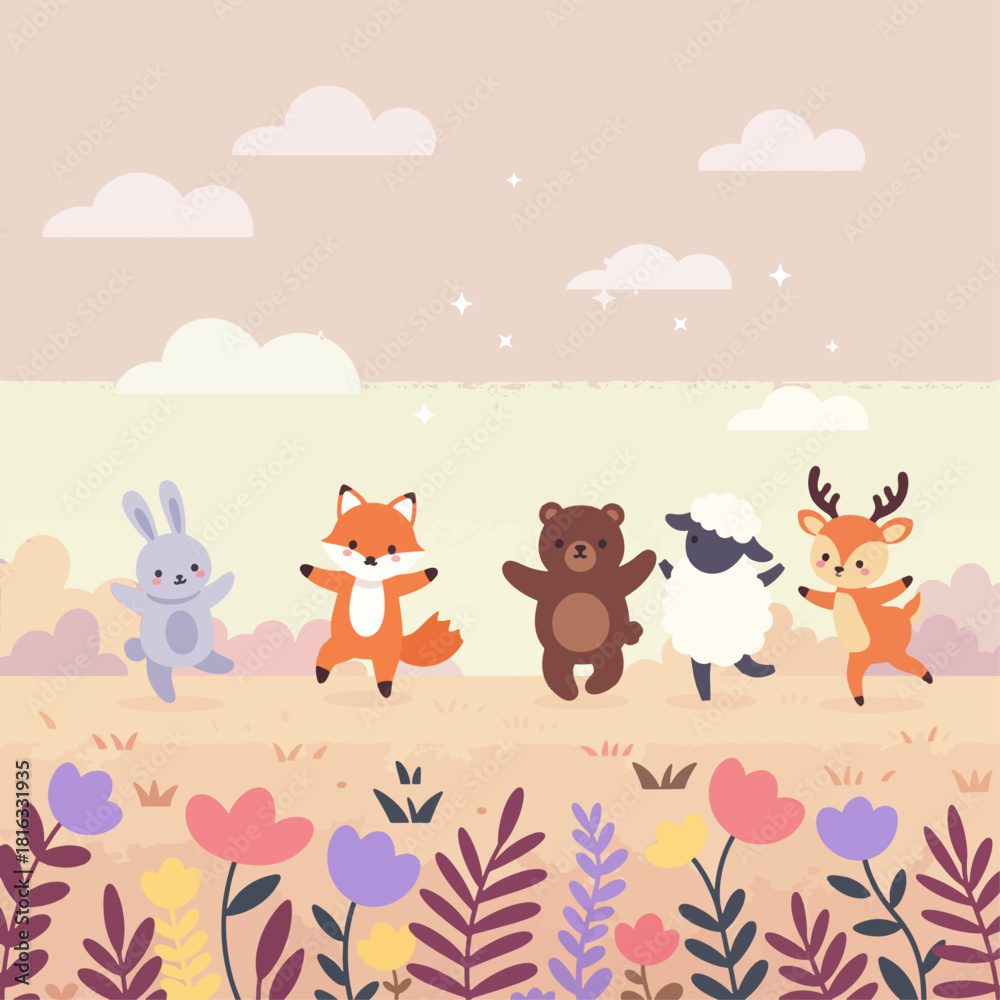 Naklejka premium Five cute cartoon animals dancing in a colorful flower field under a soft sky, depicting joy and friendship.