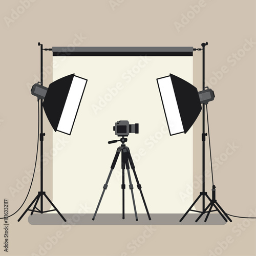 Professional photography studio setup with camera on tripod, two softbox lights, and a white backdrop for photo shoots.