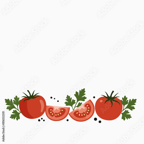 Fresh red tomatoes, slices, parsley, and peppercorns arranged as a decorative border on a white background.