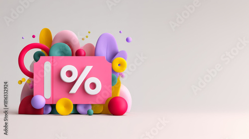 3D pink discount coupon with percent sign and colorful shapes on beige background web banner for sale promotion