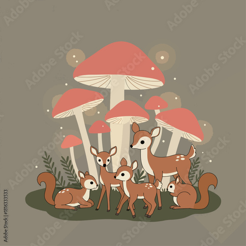 A whimsical illustration of deer and squirrels in a magical forest with large red mushrooms and glowing fireflies.