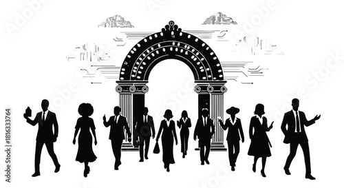 Diverse group of professionals walking towards an ornate archway, symbolizing opportunity and success.