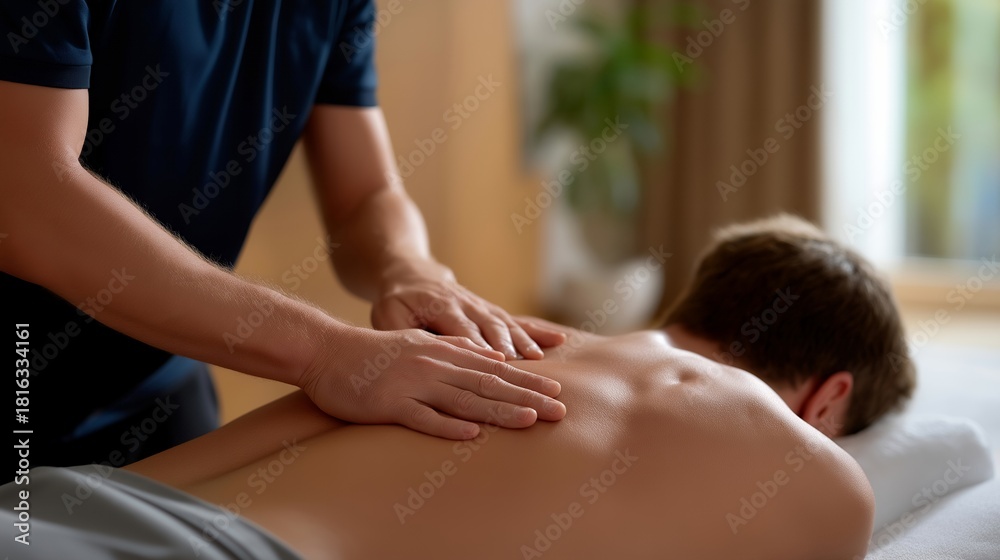 Fototapeta premium A massage therapist performing a targeted spine-focused relaxation technique, hands applying gentle pressure along the paraspinal muscles under calming ambient lighting — therapeutic bodywork,