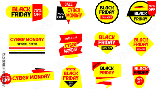 Yellow and Red Black Friday and Cyber Monday Discount Sale Banners Vector Set