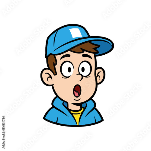Cartoon illustration of a surprised young boy wearing a blue cap and hoodie, with an open mouth.