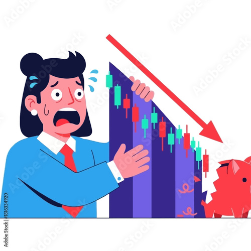 Worried woman watching stock market crash with broken piggy bank.