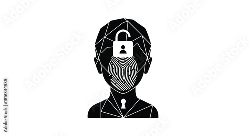 Abstract digital illustration of a human head profile with biometric security elements symbolizing data privacy and identity protection.