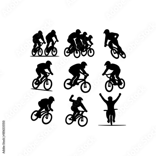 Dynamic silhouettes of cyclists in action and celebration