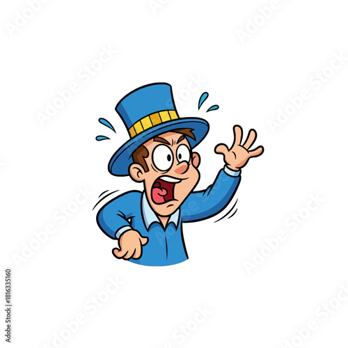 Cartoon illustration of an angry or surprised man wearing a blue top hat and shirt, with wide eyes and an open mouth, expressing shock or distress.