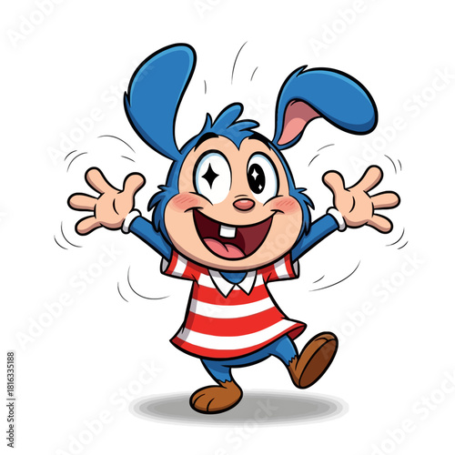 A cheerful cartoon blue bunny character with big ears, wearing a red and white striped shirt, standing with arms open and a happy winking expression.