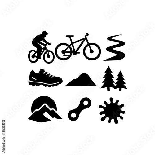 Mountain biking icons and symbols set