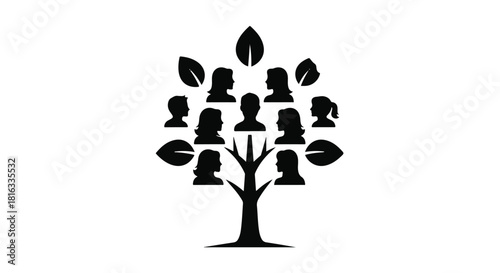 Stylized family tree illustration showing generations connected by roots and leaves.