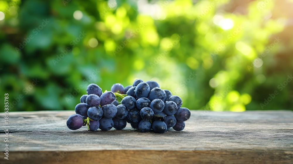 Obraz premium Fresh bunch of ripe dark grapes on a rustic wooden table outdoors.