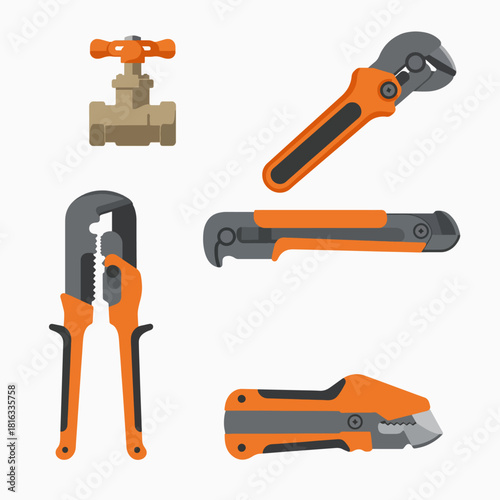Collection of various plumbing and construction tools including wrenches, cutters, and a valve on a white background.