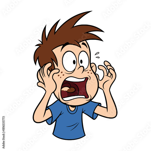 Cartoon boy with a scared expression, hands on face, mouth open.