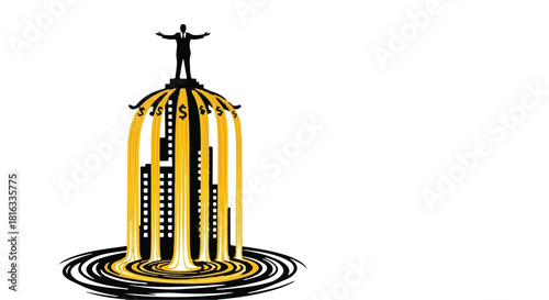 Businessman standing triumphantly atop a stylized waterfall of money flowing into a city.