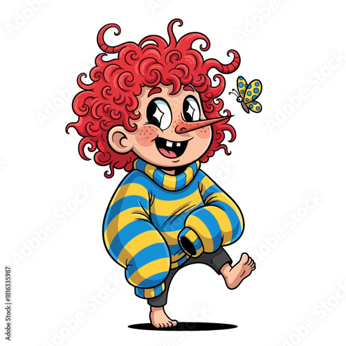 A cheerful cartoon child with red curly hair, a long nose, and a striped sweater, smiling at a butterfly.