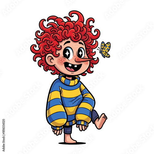 A cartoon illustration of a young boy with red curly hair, a long nose, and a butterfly.