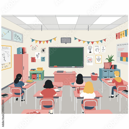 A bright and organized classroom with students learning at their desks, featuring a blackboard, colorful decorations, and educational posters.