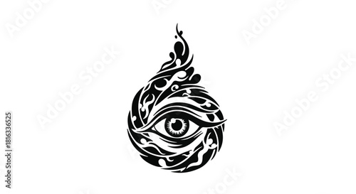 Mysterious eye symbol with intricate tribal patterns and flame-like accents, representing vigilance and insight.
