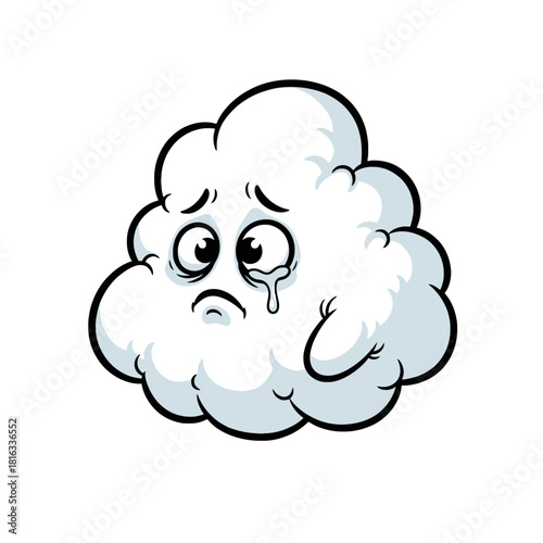 A cartoon illustration of a sad, crying white cloud with a melancholic expression and tears falling, isolated on a white background.