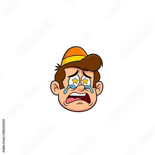 Cartoon illustration of a crying man with a hat, tears, and star-shaped eyes, expressing sadness.