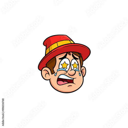 A cartoon man wearing a red hat, crying with star-shaped pupils, looking amazed and overwhelmed.