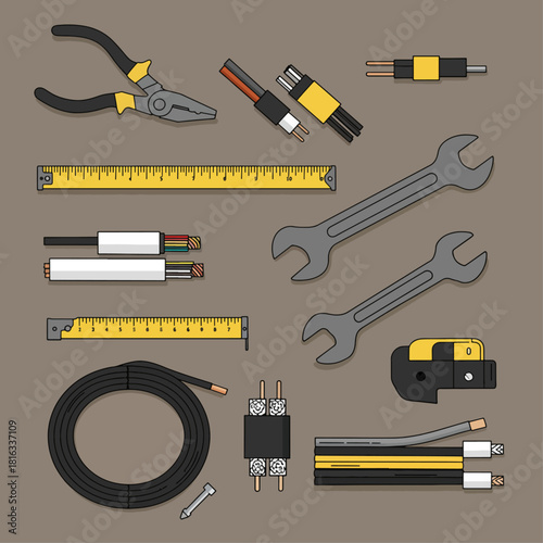 A collection of various hand tools and electrical wiring components.