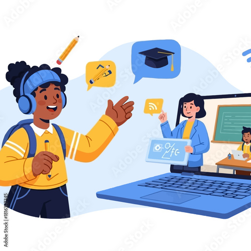 Illustration of a student attending online classes on a laptop with a teacher and classmates visible on the screen.