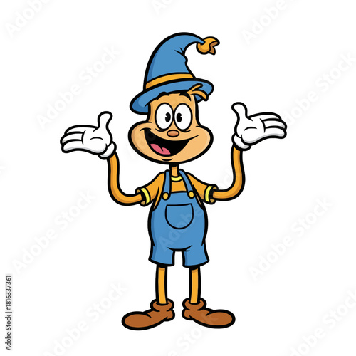 A cheerful cartoon gnome character wearing a blue pointy hat, overalls, and white gloves with a welcoming gesture.