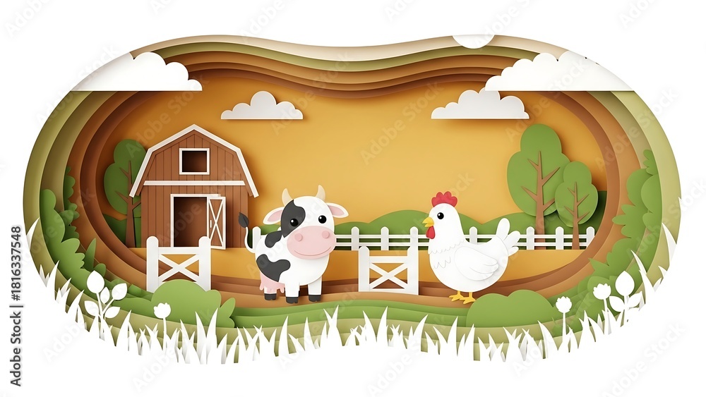Obraz premium Paper cut farm scene with barn, cow, and chicken.