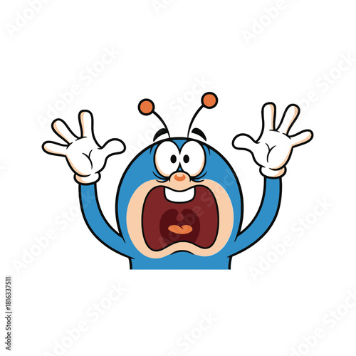 Blue cartoon bug character screaming with hands raised in fear or shock.