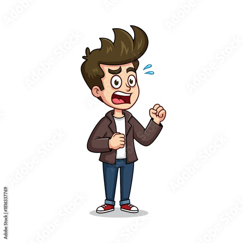 Cartoon man with worried expression and sweat drops.