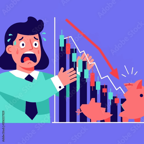 A terrified person reacts to a stock market crash and financial loss, with a broken piggy bank and downward trend.