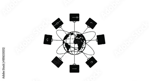 Global network of interconnected business briefcase icons orbiting a stylized Earth.