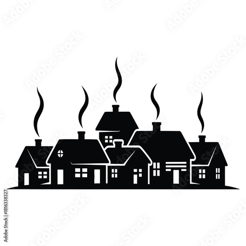 Christmas Black silhouette of a row of houses with smoke coming from chimneys on white background village