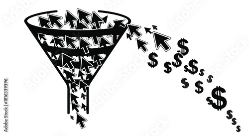 Digital marketing funnel converting clicks into revenue with dollar signs flowing out.