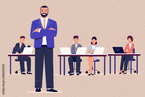 Confident leader overseeing team working on laptops in modern office