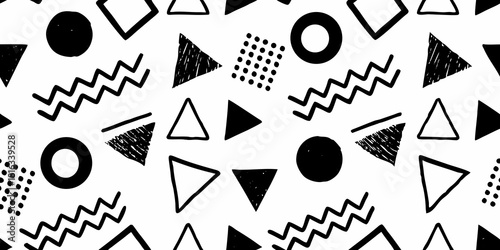 Hand drawn geometric shapes seamless pattern in black and white