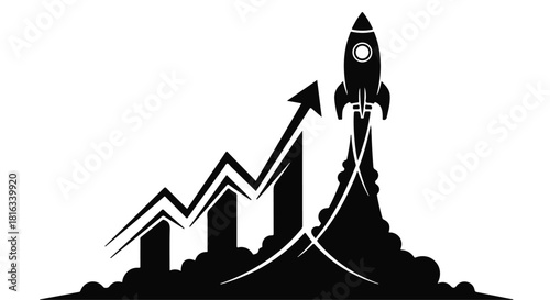 Rocket launching upwards with a growing business chart symbolizing rapid growth and success.