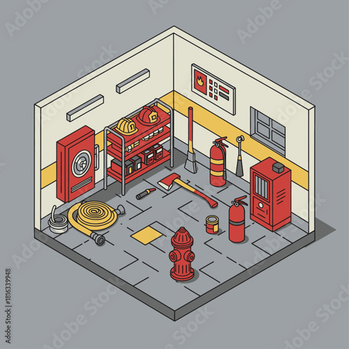 Isometric illustration of a fire station equipment room with various tools and safety gear.