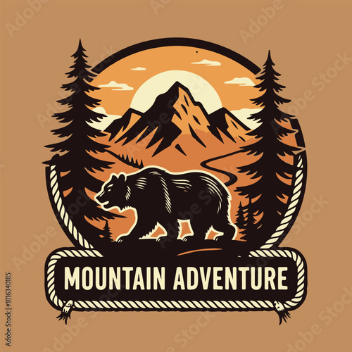 Vintage logo badge big grizzly bear trail mountain pine tree forest editable vector illustration for tshirt retro design