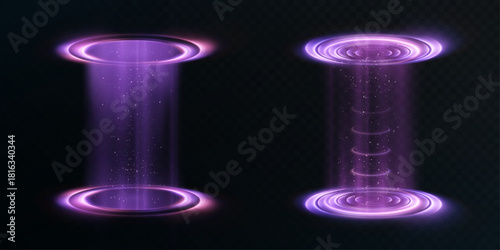 Purple teleportation portals with glowing circular beams on a dark background. Futuristic light columns for game interfaces, HUD effects, and fantastic teleportation overlays.