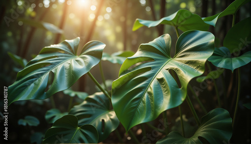 Sunlit Tropical Foliage – Vibrant Monstera Leaves with Golden Light Rays for Wellness Blogs, Nature Photography, and Botanical Aesthetics