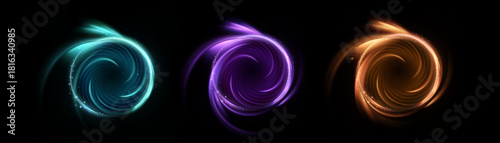 A set of glowing magical circular vortexes on a dark black background. Bright circular portals for fantastic spells, game effects, and light overlays.