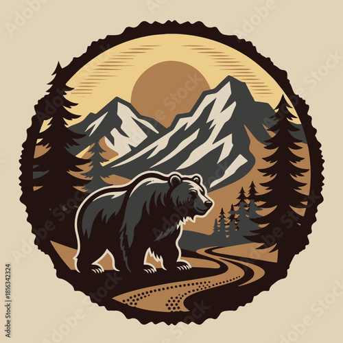 Vintage logo badge big grizzly bear trail mountain pine tree forest editable vector illustration for tshirt retro design