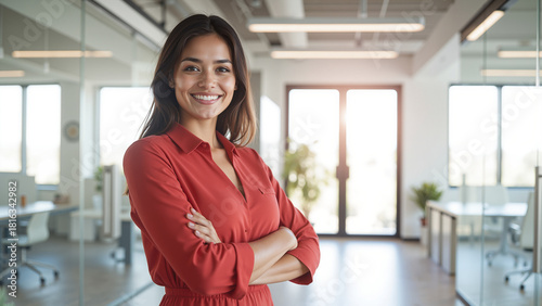 Confident Professional Woman in Red - Modern Office Portrait with Natural Lighting for Corporate Branding, Leadership Concepts, and Business Marketing