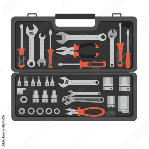 An open black toolbox filled with a comprehensive assortment of hand tools for various repair and maintenance tasks.