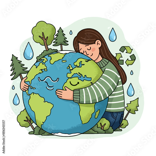 A woman lovingly hugs a smiling planet Earth, surrounded by trees, raindrops, and a recycling symbol.